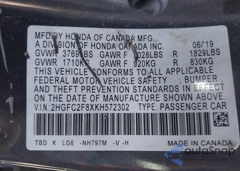 2019 Honda Civic Sport z USA, uszkodzony, nr VIN 2HGFC2F8XKH572302